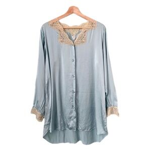 Vintage Treesha Elegant Blue Blouse with Lace Trim 100% Satin with Nylon Trim M